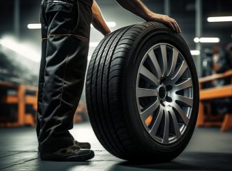 New car tires in the garage. Background with selective focus and copy space for text